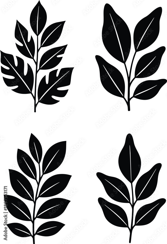 Fototapeta premium Collection of black vector silhouettes of tropical plant branches and leaves for botanical floral decoration.