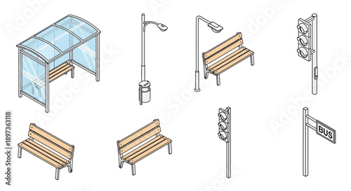 Isometric cityscape elements including a bus stop benches and streetlights