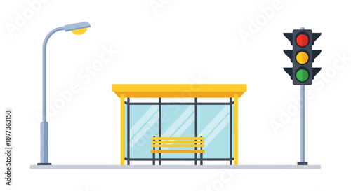 Illustration of a yellow bus stop with a street light and traffic signal