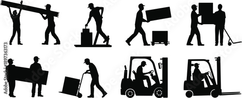 Warehouse worker silhouettes set showing manual handling logistics forklift operations and industrial labor activities isolated on white background vector illustration