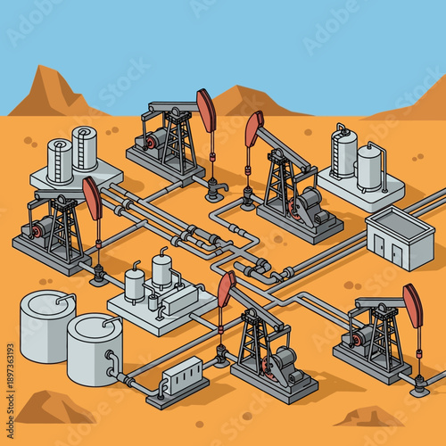 Oil extraction and processing industrial complex with pumpjacks and pipelines.