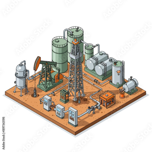 Oil Extraction and Processing Industrial Plant Illustration.