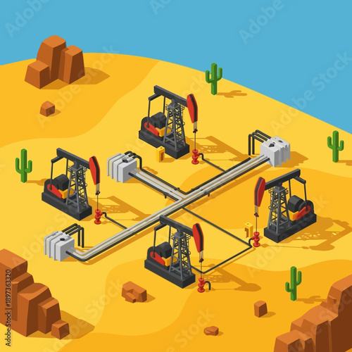 Oil Pump Jacks Working Together in Desert Landscape.