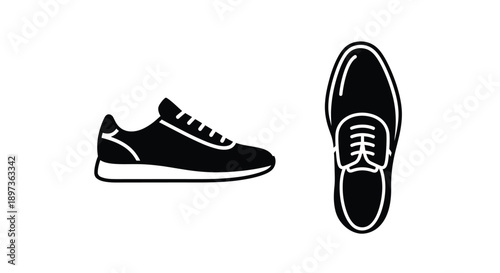 Black footwear icons displaying a trainer and dress shoe silhouette