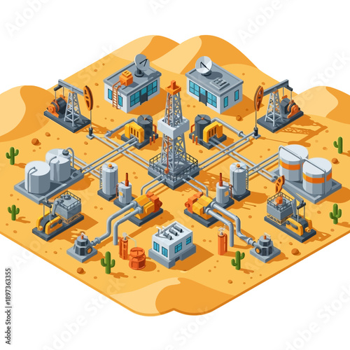 Oil Rig and Industrial Complex in Desert Landscape.