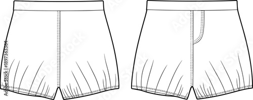 Women casual shorts technical flat design showing front and back views with elastic waistband for fashion apparel mockup template