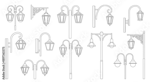 Collection of vintage street lamps and wall sconces in black and white