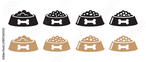 Dog Food Bowls Icons Set. Black and Brown, Filled with Kibble and Bone Design, Simple Flat Vector Graphics.