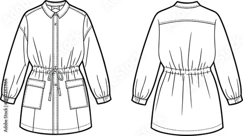 Women shirt dress technical flat design showing front and back views with drawstring waist and pockets for fashion apparel mockup template