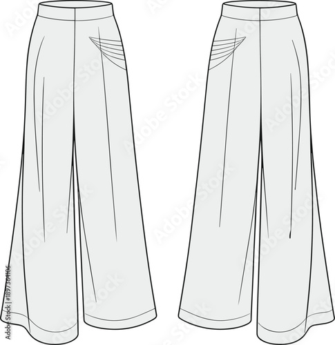 Women wide leg pants technical flat design showing front and back views of elegant trousers for fashion apparel mockup template