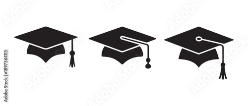 Graduation Caps Icons Set. Mortarboards with Tassels, Symbols of Academic Achievement and Education, Isolated Vector Graphics.