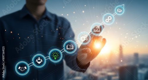 Up skill and personal development concept. employee pointing arrow to upskill or reskill, kill training, education, learning, ability, knowledge and competency for digital transformation