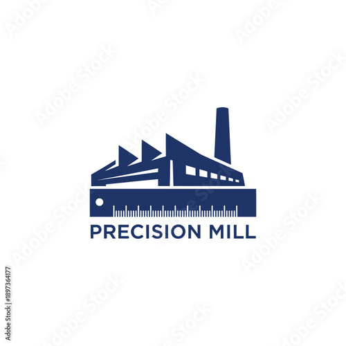 Industrial factory building silhouette with ruler scale icon logo for manufacturing and architectural engineering named Precision Mill