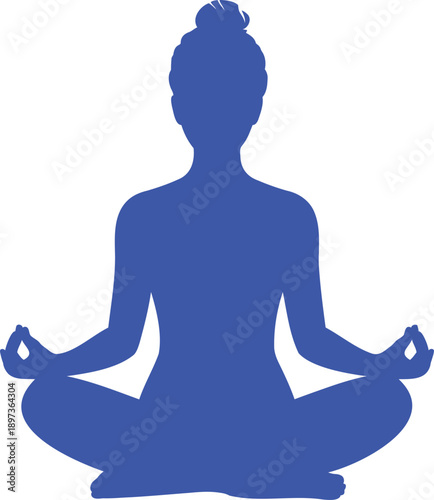 Blue silhouette of a woman meditating in lotus pose
