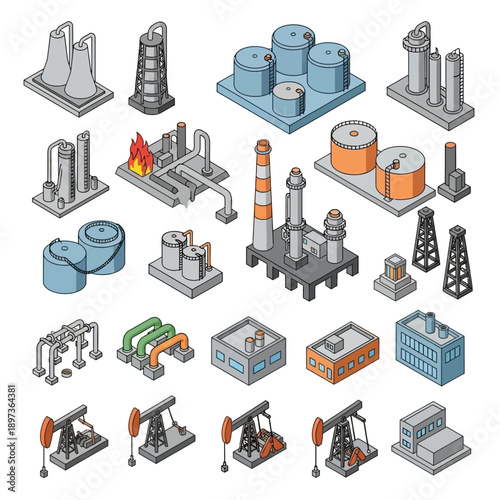 Collection of Oil Refinery and Industrial Equipment Icons.