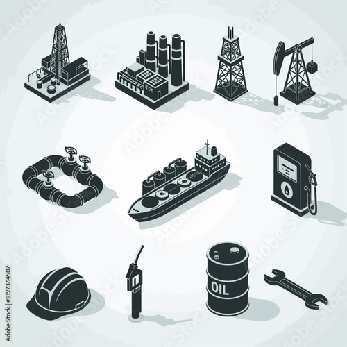 Oil industry icons set including refinery, tanker, and equipment.