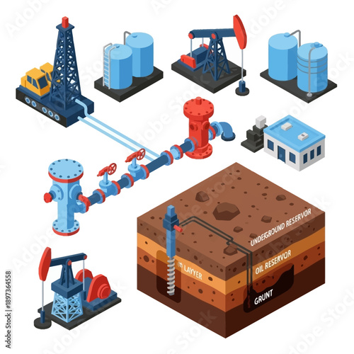 Oil extraction process illustration with various equipment and underground layers.