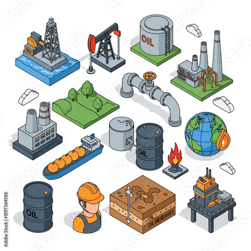 Oil Industry Icons Set with Various Equipment and Processes.