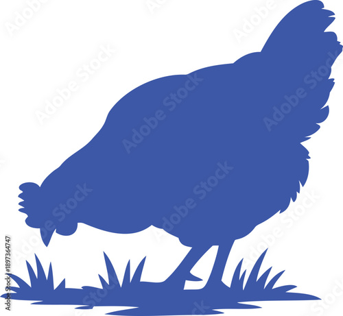 Blue silhouette of a chicken pecking at grass bird