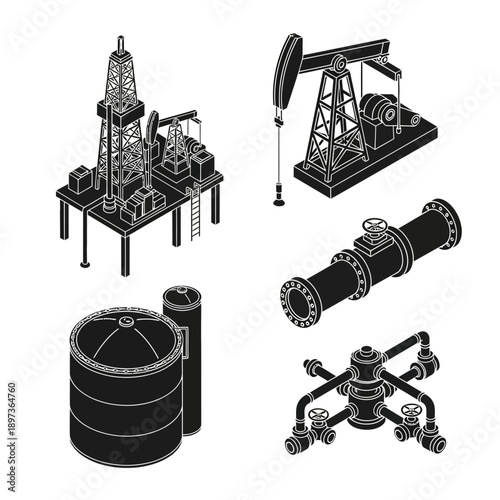 Oil rig equipment and infrastructure illustrations collection.