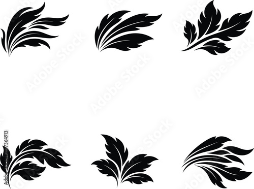 Decorative set of black silhouette vector floral swirls and stylized leaf ornaments for elegant logo design.