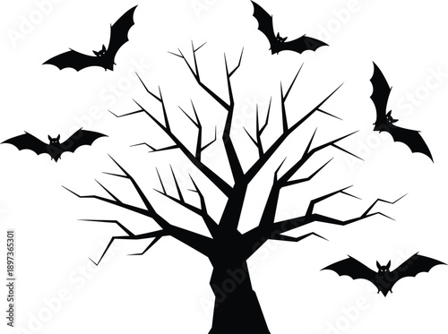 Halloween,spooky,bats,flying,dead,tree,silhouette,horror,vector,illustration,isolated,on,white,background,scary,night,creepy,autumn,design,art