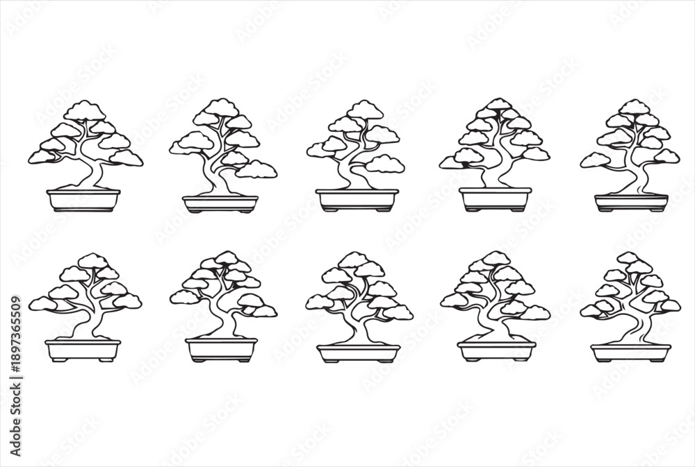 Fototapeta premium Bonsai Tree Line Art Icons Set - Japanese Zen Garden Miniature Tree Vector Illustrations