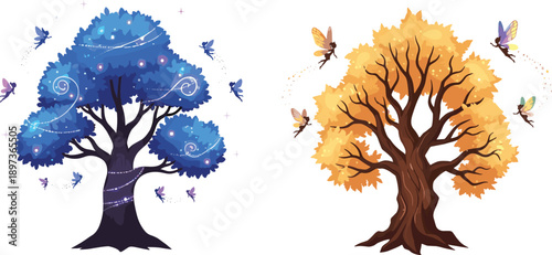 Fantasy,magic,tree,fairy,autumn,glowing,leaves,nature,vector,illustration,isolated,on,white,background,enchanted,whimsical,storybook,design,art,scene