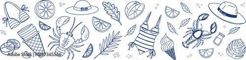 Whimsical Collection of Hand-Drawn Summer and Beach Elements, Featuring Lobsters, Sun Hats, Ice Cream, and Refreshing Food Doodles, Perfect for Vacation-Themed Designs and Creative Projects