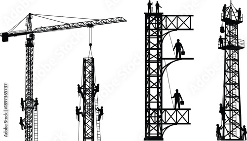 Black and white silhouette collection of construction workers on tower cranes and scaffolding structures performing high altitude industrial building tasks for civil engineering projects