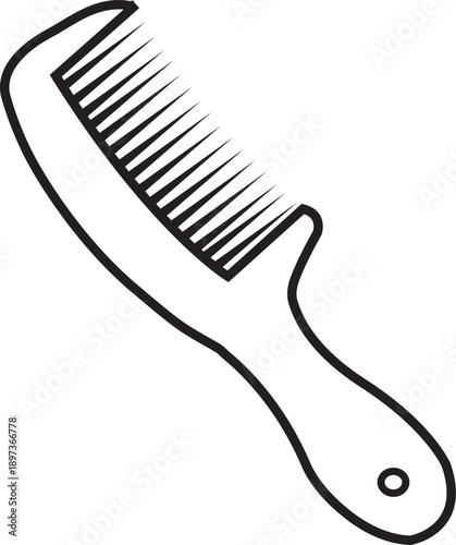 Black and white line art illustration of a hair comb with handle isolated on white background