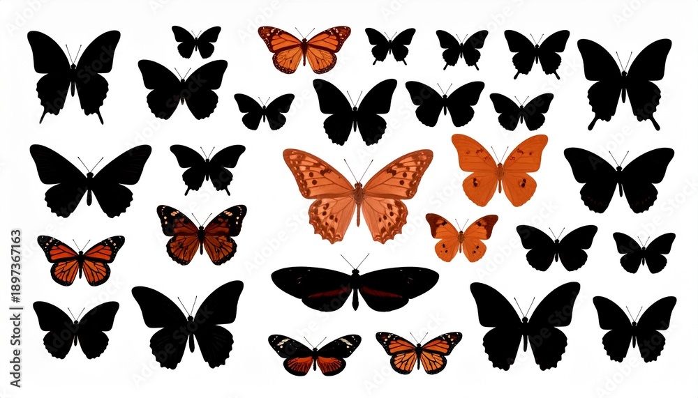 Fototapeta premium Collection of Black Butterfly Silhouettes on White Background