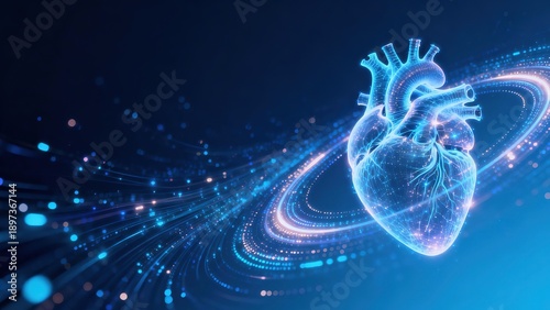 Abstract Digital Human Heart with Glowing Lines on Blue Background, Futuristic Medical Technology Concept for Cardiology and AI Research