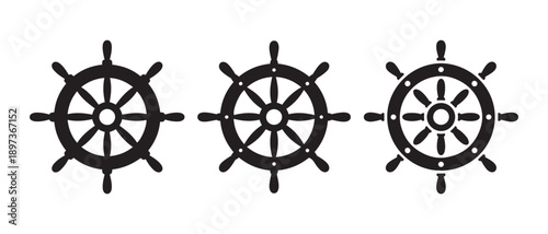 Black Ship Steering Wheels Icons. Isolated on White Background, Nautical Symbol of Navigation, Control and Direction.
