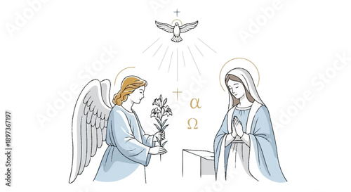 Angel offering flowers to Virgin Mary with dove and halo