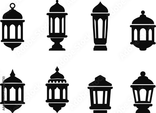 Islamic lantern, tasbih beads and prayer hands silhouettes