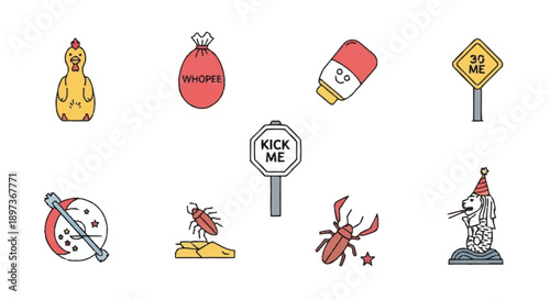 Cartoon of a chicken, whoopee cushion, capsule, road signs, a moon, bugs, and a dog
