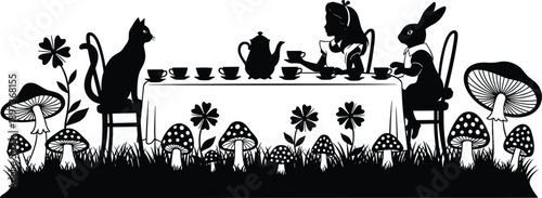 Alice in Wonderland tea party silhouette vector set, black white fantasy clipart, whimsical illustration, fairytale design artwork bundle