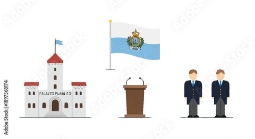 San Marino government building with flag and officials Palazzo Pubblico