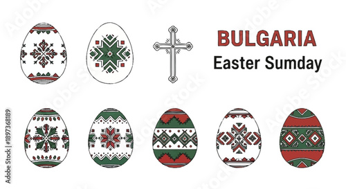 Bulgarian Easter eggs and cross easter sunday decorated eggs traditional