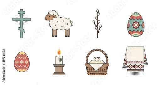 Easter symbols and on white background cross sheep catkins decorated eggs