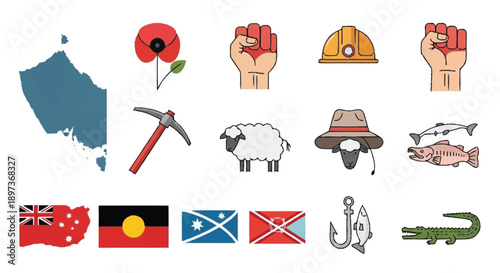 Australia including map symbols flowers tools and animals poppy fists mining helmet