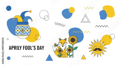April Fools Day colorful with fox sun and jester hat sunflowers