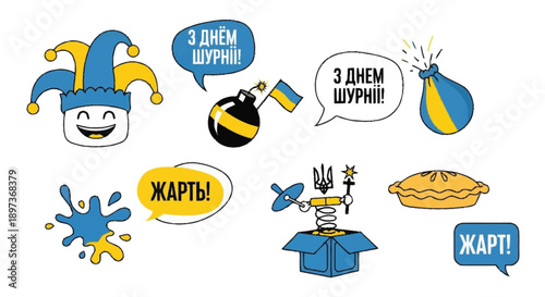 Cartoon ukrainian themed jester bomb pie jester hat ukrainian flag