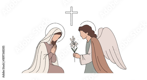 Angel offering flowers to Virgin Mary praying cross