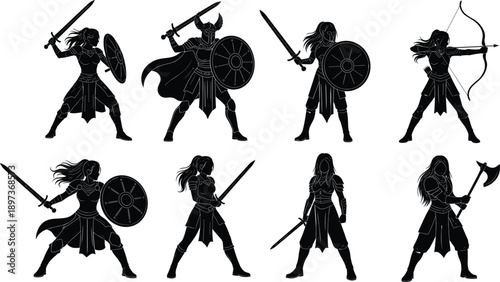 Female warrior silhouette vector set, black white combat clipart, sword shield bow axe illustration, battle pose design bundle