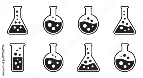 Collection of Scientific Beakers and Flasks with Bubbles, Various Shapes, Isolated on White Background.
