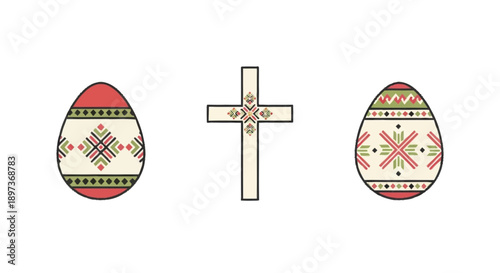 Easter eggs and Christian cross with traditional Ukrainian or Slavic style folk ukranian egg