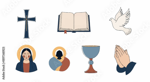 Christian symbols and including a cross, book, dove, Virgin Mary, praying person and chalice