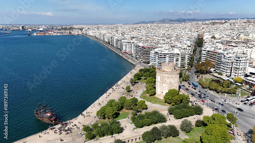 Aerial view of White Tower and waterfront promenade in Thessaloniki, Greece